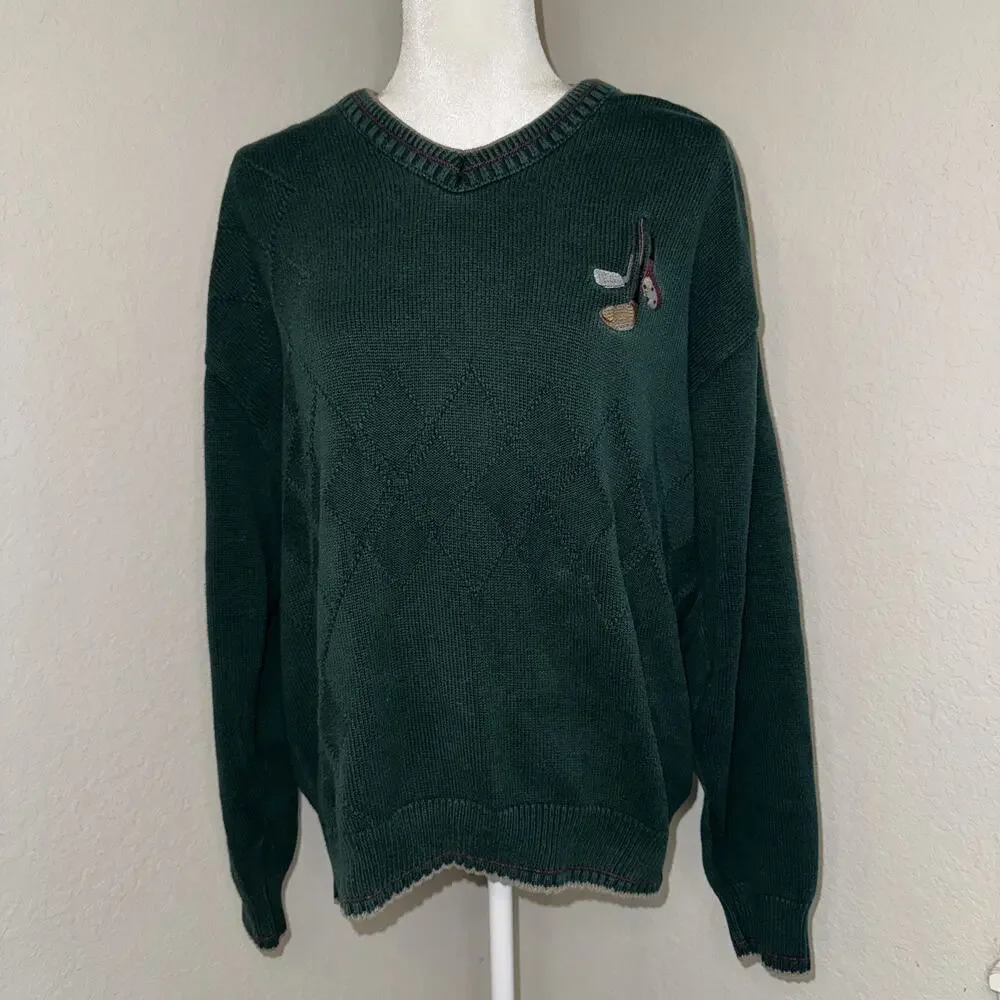 Pinnacle Golf Sweater Mens Large Green Argyle Cotton V-Neck Long Sleeve Pullover